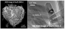 SEM (left) and HRTEM (right) images of Au on cryptomelane (K-OMS-2)